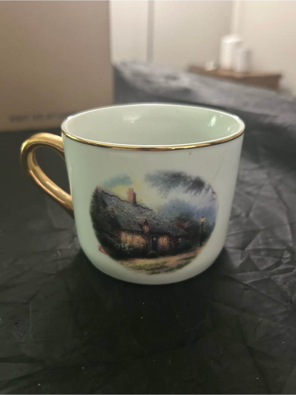 Porcelain Cottage Scene mugwith Gold Trim and Handle